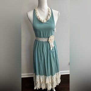 Mustard Pie Aqua and Cream Lace Midi Halter Dress